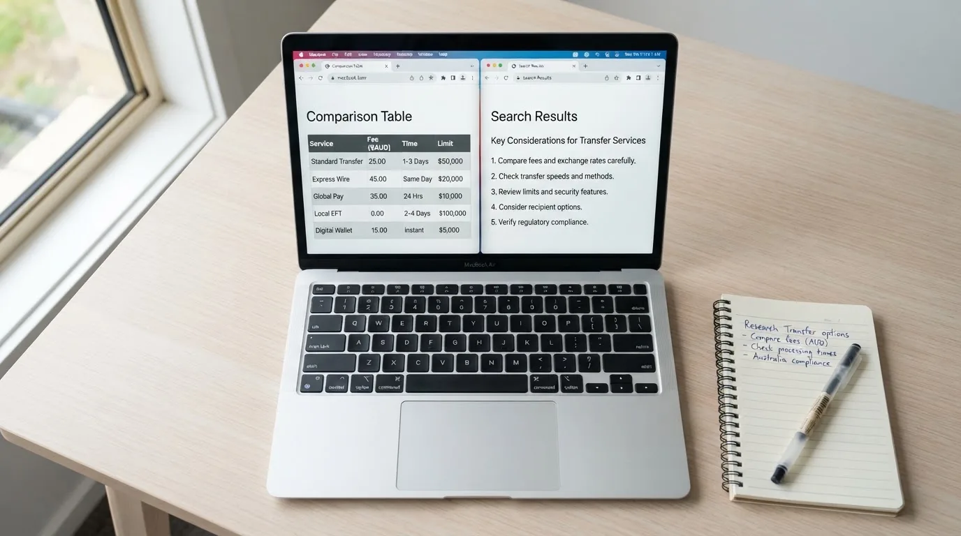 A laptop screen split between two browser tabs, one showing a comparison table and the other a search results page.